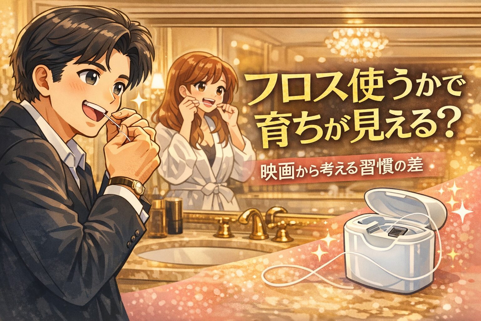 フロス習慣の違いを表現した漫画イラスト（予防歯科・歯間ケア）