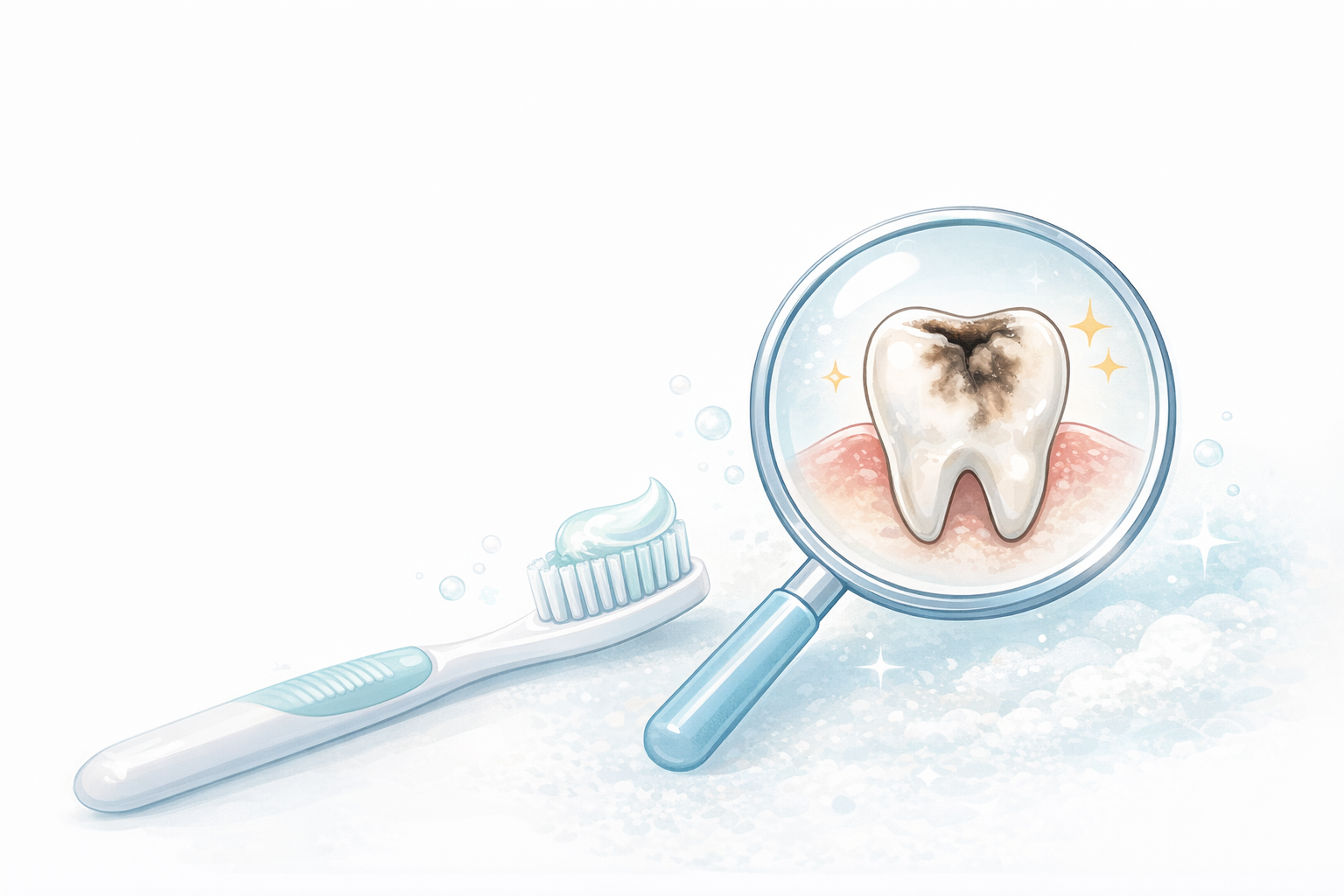 歯磨きしているのに虫歯になる原因を示すイラスト（歯ブラシと虫歯の拡大図）